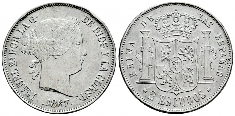 Elizabeth II (1833-1868). 20 reales. 1867. Madrid. (Cal-647). Ag. 25,85 g. Scrat...