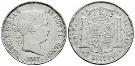 Elizabeth II (1833-1868). 20 reales. 1867. Madrid. (Cal-647). Ag. 25,85 g. Scratches and knocks on edge. Choice VF. Est...100,00. 

Spanish Descript...