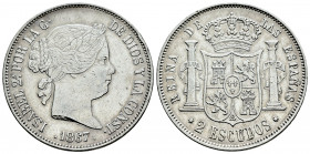 Elizabeth II (1833-1868). 2 escudos. 1867. Madrid. (Cal-647). Ag. 25,78 g. Knock on edge. VF/Choice VF. Est...90,00. 

Spanish Description: Isabel I...