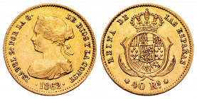 Elizabeth II (1833-1868). 40 reales. 1862. Madrid. (Cal-681). Au. 3,33 g. Choice VF. Est...180,00. 

Spanish Description: Isabel II (1833-1868). 40 ...