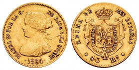 Elizabeth II (1833-1868). 40 reales. 1864. Madrid. (Cal-686). Au. 3,30 g. Choice VF. Est...180,00. 

Spanish Description: Isabel II (1833-1868). 40 ...
