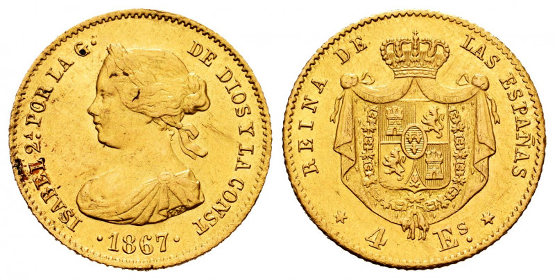 Elizabeth II (1833-1868). 4 escudos. 1867. Madrid. (Cal-691). Au. 3,32 g. Hairli...