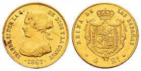Elizabeth II (1833-1868). 4 escudos. 1867. Madrid. (Cal-691). Au. 3,32 g. Hairlines on obverse. Choice VF. Est...180,00. 

Spanish Description: Isab...