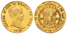 Elizabeth II (1833-1868). 80 reales. 1835. Madrid. CR. (Cal-720). Au. 6,69 g. Scratch on obverse. Small planchet flaw on reverse. Choice VF. Est...350...