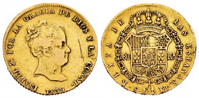 Elizabeth II (1833-1868). 80 reales. 1839. Sevilla. RD. (Cal-743). Au. 6,77 g. Scratch on obverse. Almost VF/VF. Est...350,00. 

Spanish Description...