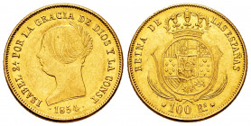 Elizabeth II (1833-1868). 100 reales. 1854. Barcelona. (Cal-762). Au. 8,38 g. Almost XF. Est...400,00. 

Spanish Description: Isabel II (1833-1868)....