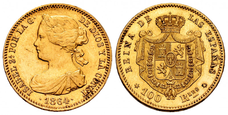 Elizabeth II (1833-1868). 100 reales. 1864. Madrid. (Cal-792). Au. 8,38 g. Hairl...
