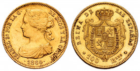 Elizabeth II (1833-1868). 100 reales. 1864. Madrid. (Cal-792). Au. 8,38 g. Hairline on obverse. Some original luster remaining. XF/AU. Est...450,00. ...