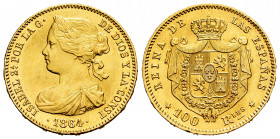 Elizabeth II (1833-1868). 100 reales. 1864. Madrid. (Cal-792). Au. 8,35 g. AU. Est...400,00. 

Spanish Description: Isabel II (1833-1868). 100 reale...