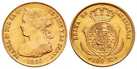 Elizabeth II (1833-1868). 100 reales. 1860. Sevilla. (Cal-803). Au. 8,35 g. Slightly cleaned. XF. Est...400,00. 

Spanish Description: Isabel II (18...