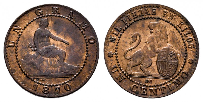 Provisional Government (1868-1871). 1 centimo. 1870. Barcelona. OM. (Cal-3). Ae....