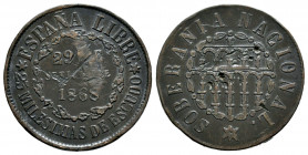 Provisional Government (1868-1871). 25 milesimas de escudo. 1868. Segovia. (Cal-10). Ae. 6,21 g. Knocks. Scarce. VF. Est...180,00. 

Spanish Descrip...