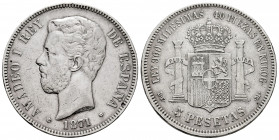 Amadeo I (1871-1873). 5 pesetas. 1871*18-74. Madrid. DEM. (Cal-5). Ag. 24,79 g. Cleaned. Almost VF. Est...30,00. 

Spanish Description: Centenario d...