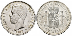 Amadeo I (1871-1873). 5 pesetas. 1871 *18-75. Madrid. DEM. (Cal-7). Ag. 24,91 g. Minos nicks on reverse. Slightly cleaned. Ex Ogando collection. Choic...