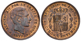 Alfonso XII (1874-1885). 5 centimos. 1877. Barcelona. OM. (Cal-4). Ae. 5,16 g. It retains some minor luster. Beautiful. Ex Ogando collection. AU. Est....