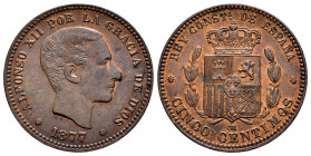 Alfonso XII (1874-1885). 5 centimos. 1878. Barcelona. OM. (Cal-5). Ae. 5,29 g. It retains some minor luster. XF. Est...110,00. 

Spanish Description...