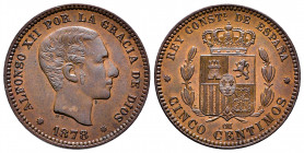Alfonso XII (1874-1885). 5 centimos. 1878. Barcelona. OM. (Cal-5). Ae. 4,95 g. Beautiful. Ex Ogando collection. AU/Almost XF. Est...100,00. 

Spanis...