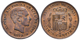 Alfonso XII (1874-1885). 5 centimos. 1879. Barcelona. OM. (Cal-6). Ae. 5,12 g. Ex Ogando collection. AU. Est...120,00. 

Spanish Description: Centen...