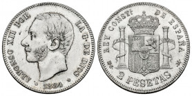 Alfonso XII (1874-1885). 2 pesetas. 1884 *18-84. Madrid. MSM. (Cal-34). Ag. 9,98 g. Minor scratches. Ex Ogando collection. AU. Est...150,00. 

Spani...