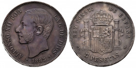 Alfonso XII (1874-1885). 5 pesetas. 1885*18-87. Madrid. MSM. (Cal-62). Ag. 24,97 g. Artificial patina. Choice VF. Est...80,00. 

Spanish Description...