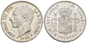 Alfonso XII (1874-1885). 5 pesetas. 1885 *18-87. Madrid. MSM. (Cal-62). Ag. 24,99 g. Minor nick on edge. Original luster. Ex Ogando collection. AU. Es...