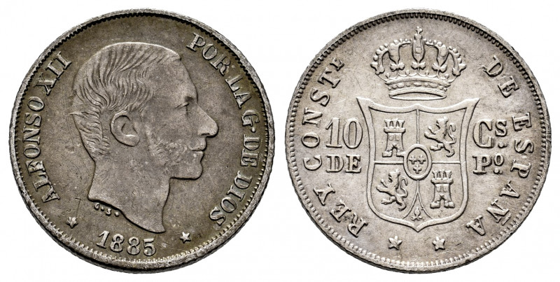 Alfonso XII (1874-1885). 10 centavos. 1885. Manila. (Cal-102). Ag. 2,57 g. Toned...