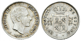 Alfonso XII (1874-1885). 10 centavos. 1885. Manila. (Cal-102). Ag. 2,57 g. Hairlines on obverse. XF/AU. Est...50,00. 

Spanish Description: Centenar...