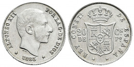 Alfonso XII (1874-1885). 20 centavos. 1885. Manila. (Cal-111). Ag. 5,08 g. Faint scratches. Almost XF. Est...50,00. 

Spanish Description: Centenari...
