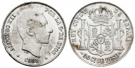 Alfonso XII (1874-1885). 50 centavos. 1885. Manila. (Cal-124). Ag. 12,98 g. Original luster. Minor stains. XF/AU. Est...50,00. 

Spanish Description...