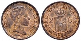 Alfonso XIII (1886-1931). 2 centimos. 1904 *04. Madrid. SMV. (Cal-6). Ae. 2,00 g. Original luster. Ex Ogando collection. Mint state. Est...30,00. 

...