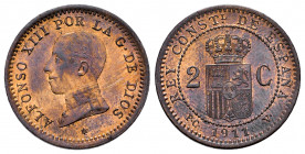 Alfonso XIII (1886-1931). 2 centimos. 1911 *11. Madrid. PCV. (Cal-13). Ae. 1,98 g. It retains some minor luster. Ex Ogando collection. AU. Est...20,00...