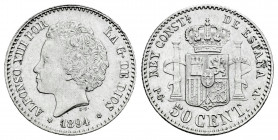 Alfonso XIII (1886-1931). 50 centimos. 1892*9-2. Madrid. PGV. (Cal-43). Ag. 2,55 g. Almost XF. Est...45,00. 

Spanish Description: Centenario de la ...