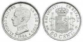 Alfonso XIII (1886-1931). 50 centimos. 1904*0-4. Madrid. SMV. (Cal-46). Ag. 2,54 g. Original luster. Mint state. Est...25,00. 

Spanish Description:...