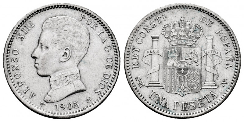 Alfonso XIII (1886-1931). 1 peseta. 1905 *19-05. Madrid. SMV. (Cal-70). Ag. 5,00...