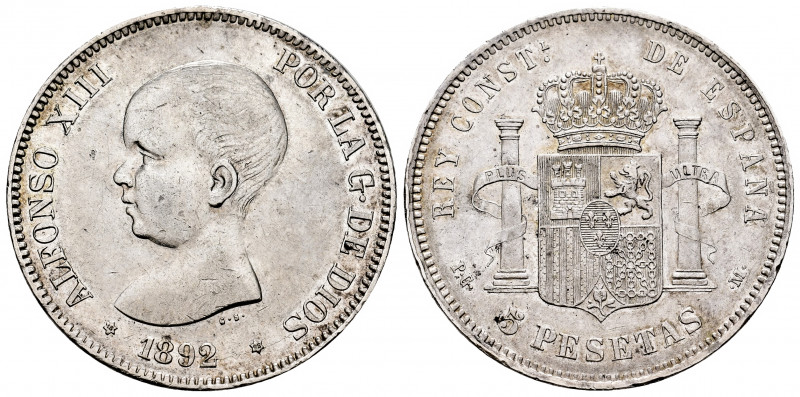 Alfonso XIII (1886-1931). 5 pesetas. 1892 *18-92. Madrid. PGM. (Cal-99). Ag. 25,...