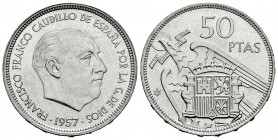 Spanish State (1936-1975). 50 pesetas. 1957*69. Madrid. (Cal-138). 12,62 g. Very rare. Slightly cleaned. Almost MS. Est...500,00. 

Spanish Descript...