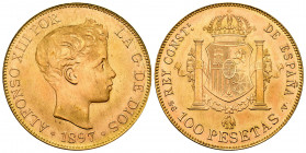 Spanish State (1936-1975). 100 pesetas. 1897*19-62. Madrid. SGV. (Cal-177). Au. 32,24 g. Minor hairlines. Almost MS/Mint state. Est...1800,00.

Span...