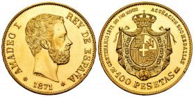 Amadeo I (1871-1873). 100 pesetas. 1871*19-71. (1973). Au. 31,56 g. Minted 200 numbered units, nº 22. Mint state. Est...1700,00. 

Spanish Descripti...