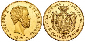 Amadeo I (1871-1873). 100 pesetas. 1871*19-77. (1973). Au. 32,65 g. Specimen #185 of a mintage of 200 medals in 900 mils gold. Mint state. Est...1700,...