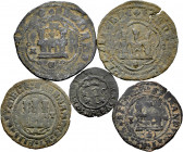 Lot of 5 coins of Fernando and Isabel. Different values such as Blanca, 2 and 4 Maravedís, minted in Cuenca and Toledo. Interesting variants. Ae. TO E...