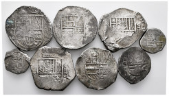 Lot of 8 silver cobs, 8 reales (5), 4 reales (1) and 2 reales (2). Ag. TO EXAMINE. Est...600,00. 

Spanish Description: Lote de 8 macuquinas de plat...