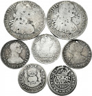 Lot of 7 Spanish Monarchy coins. 2 Reales 1751 Mexico M, 2 Reales 1708 Barcelona, 2 Reales 1774 Potosí JR, 2 Reales 1779 Lima MJ, 2 Reales 1781 México...