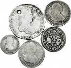 Lot of 5 coins of Spanish Monarchs. Containing from Carlos III Pretender 2 Reales 1711 Barcelona; Carlos IV 1 Real 1799 Mexico FM, 2 Reales 1793 Lima ...