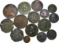 Lot of 15 Spanish Monarchy coins. Includes mintages from Catalonia, Mallorca, Santo Domingo and France. Interesting. Ae. TO EXAMINE. Choice F/VF. Est....
