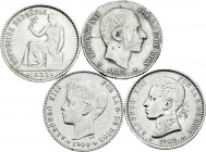 Lot of 4 silver pieces, 1 of 20 centavos (1885) and 3 of 1 peseta (1900, 1903, 1933). TO EXAMINE. Choice F/Choice VF. Est...80,00. 

Spanish Descrip...