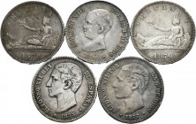 Lot of 5 coins of 5 pesetas, 1870 (2), 1875, 1877 and 1890. TO EXAMINE. Almost VF/VF. Est...90,00. 

Spanish Description: Lote de 5 monedas de 5 pes...