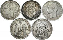 Lot of 5 coins of France of 5 francs, 1839-W, 1848-A, 1856-A, 1870-K and 1873-A. TO EXAMINE. Almost VF/VF. Est...100,00. 

Spanish Description: Lote...