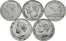 Lot of 5 coins of 5 pesetas of the Centenary, 1870, 1871, 1876, 1878 and 1884. TO EXAMINE. Almost VF/VF. Est...100,00. 

Spanish Description: Lote d...