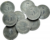 Lot of 9 tokens. Civil war, 5 Pesetas from the La Victoria Cooperative (Igualada). Ni. TO EXAMINE. Choice F/VF. Est...50,00. 

Spanish Description: ...