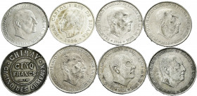 Lot of 8 silver coins. Spanish State 100 Pesetas 1966 *66/67/68, Juan Carlos I 2000 Pesetas 1996 and French 5 Francs (Cu-Ni) casino chip. Ag. TO EXAMI...